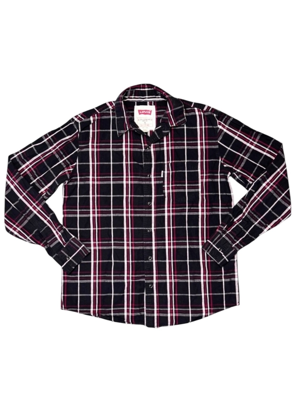 Levi’s Plaid Snap Shirt Red Black Long Sleeve Cotton Men’s Size Small